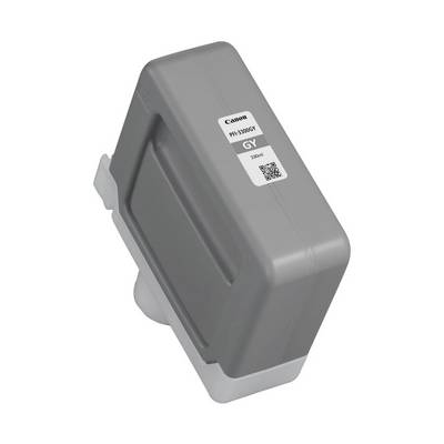 Cartouche d'encre Canon grise sur un fond blanc, présentée à un angle avec l'étiquette et le code QR visibles.