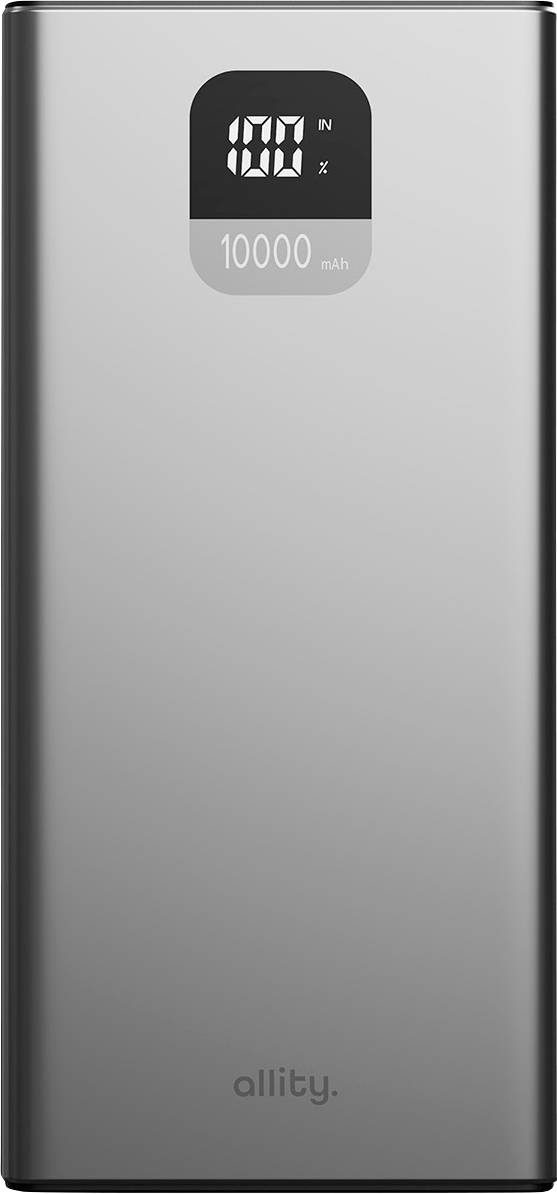 Banque d'énergie portable Silver Allity avec affichage numérique de la batterie indiquant 00 et une capacité de « 10000 mAh ».
