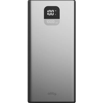 Banque d'énergie portable Silver Allity avec affichage numérique de la batterie indiquant 00 et une capacité de « 10000 mAh ».