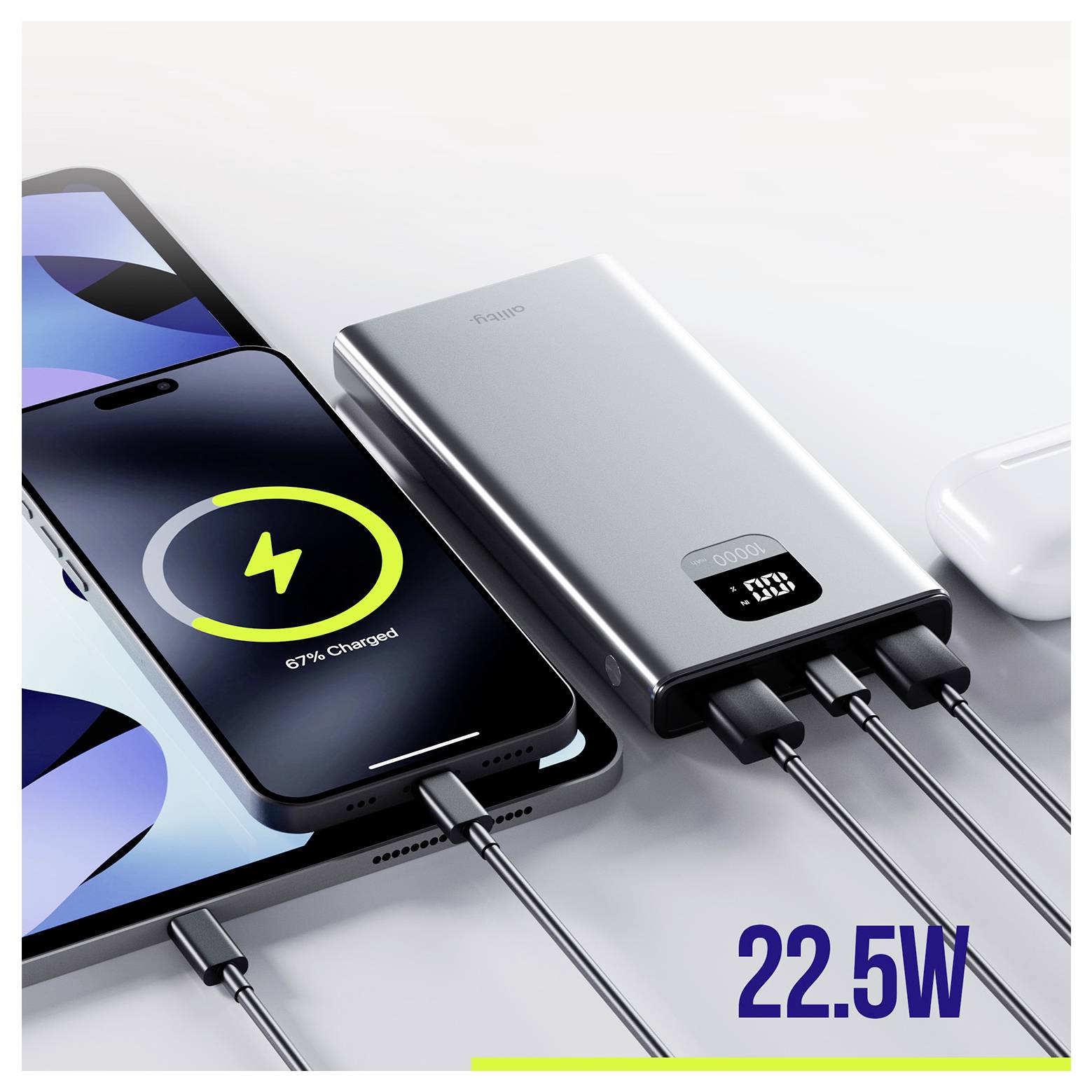 Allity APB-100 Powerbank (batterie supplémentaire) 10000 mAh Quick Charge, Power Delivery LiPo USB-C®, USB-A gris-6