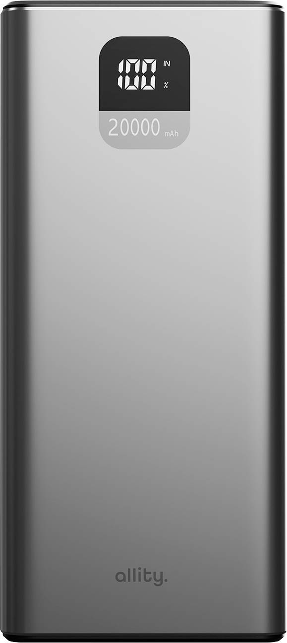 Banque d'énergie portable argentée avec écran numérique affichant 100 % et capacité de 20000 mAh, marquée « allity » en bas.