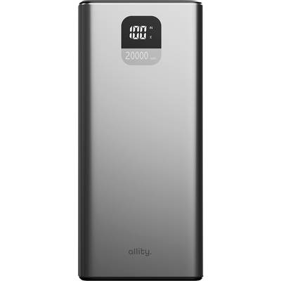 Banque d'énergie portable argentée avec écran numérique affichant 100 % et capacité de 20000 mAh, marquée « allity » en bas.