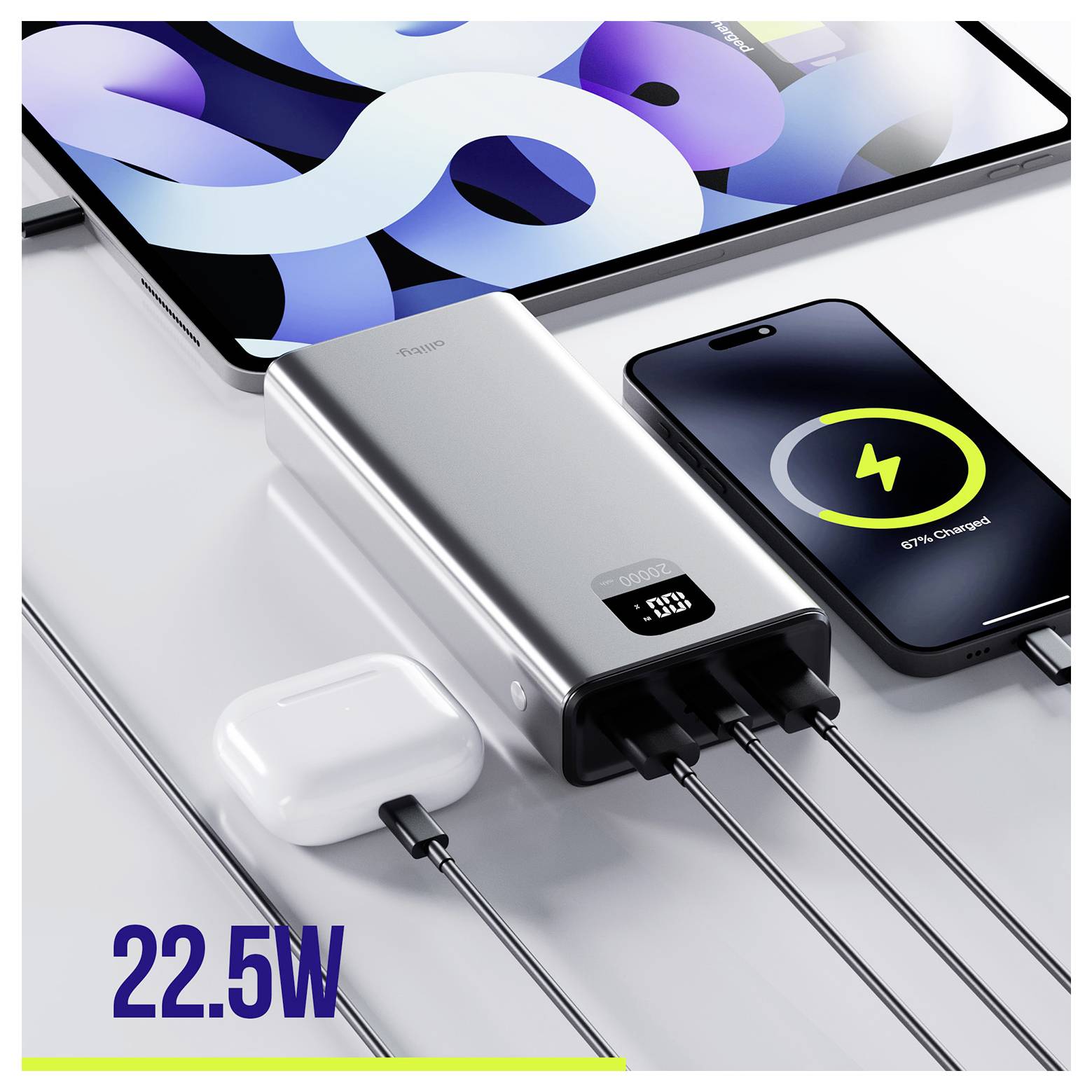 Allity APB-100 Powerbank (batterie supplémentaire) 20000 mAh Quick Charge, Power Delivery LiPo USB-C®, USB-A gris affich-7