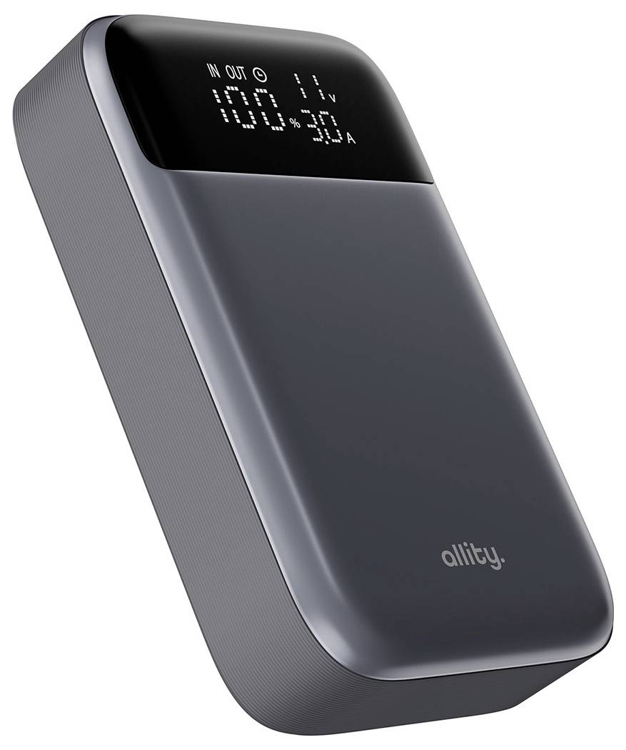 Batterie externe portable avec écran numérique affichant l'état de la batterie et la puissance de sortie sur un appareil gris foncé.