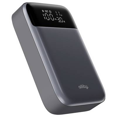 Batterie externe portable avec écran numérique affichant l'état de la batterie et la puissance de sortie sur un appareil gris foncé.