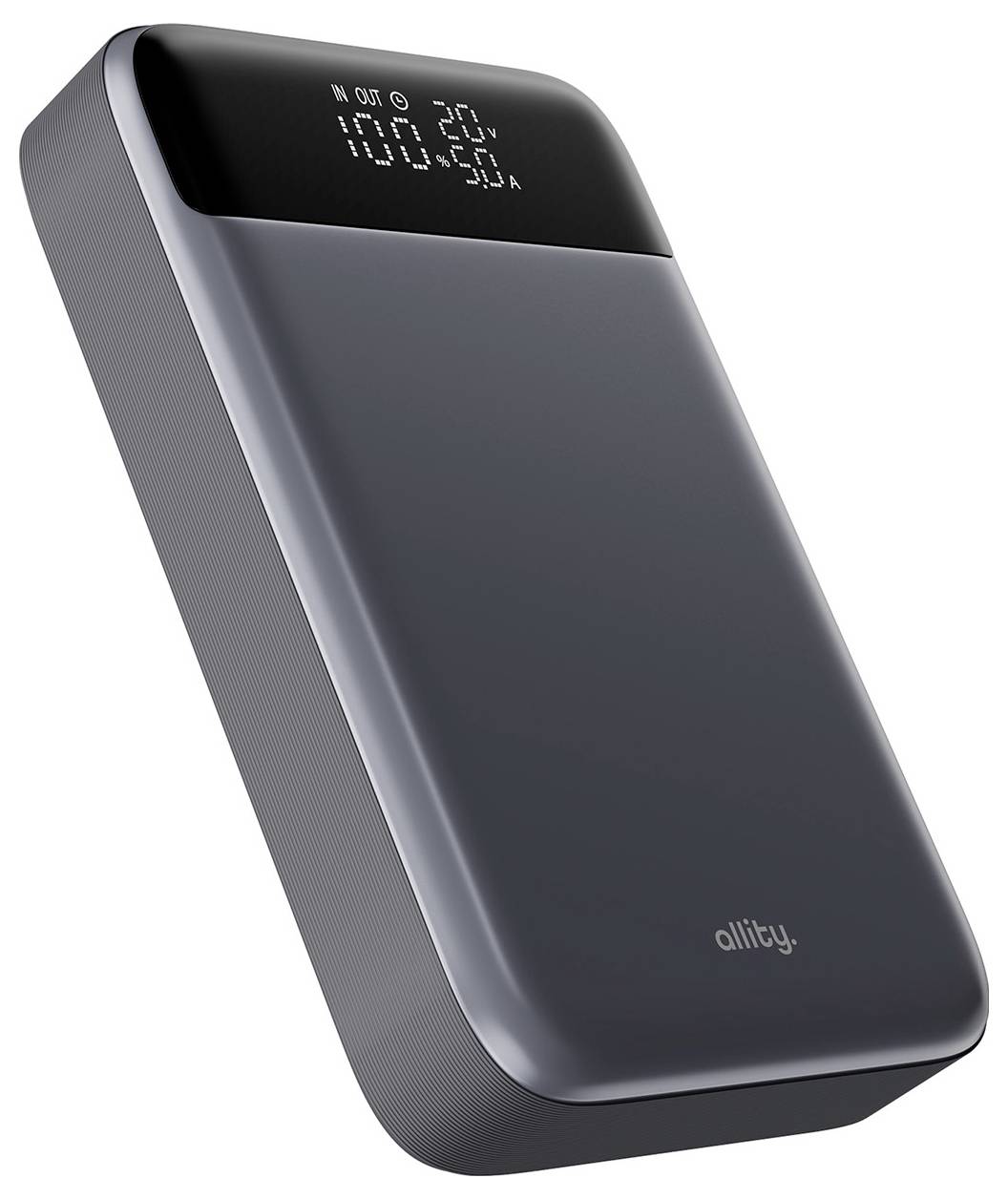Banque d'énergie portable avec affichage numérique du pourcentage de batterie et logo « allity » sur un boîtier gris foncé.