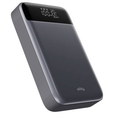 Banque d'énergie portable avec affichage numérique du pourcentage de batterie et logo « allity » sur un boîtier gris foncé.