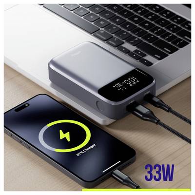 Batterie externe portable grise avec affichage numérique du niveau de batterie et deux ports USB, présentée dans une vue de style produit avec des encadrés détaillés.