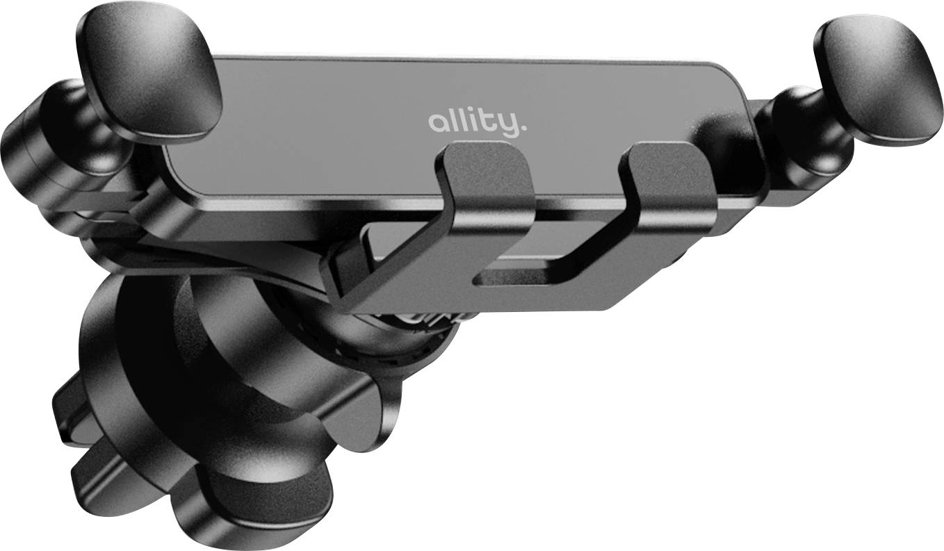 Support de téléphone pour voiture noir avec pinces latérales réglables et base à ventouse, marque « allity. » sur fond blanc.