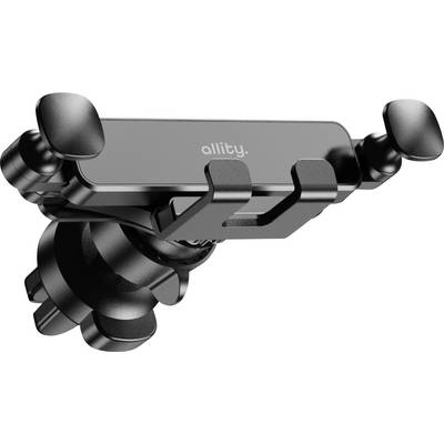 Support de téléphone pour voiture noir avec pinces latérales réglables et base à ventouse, marque « allity. » sur fond blanc.