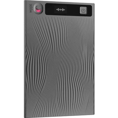 Vue de face d'un haut-parleur portable noir avec grille ondulée, bouton MODE, voyant central et bouton d'alimentation en haut.