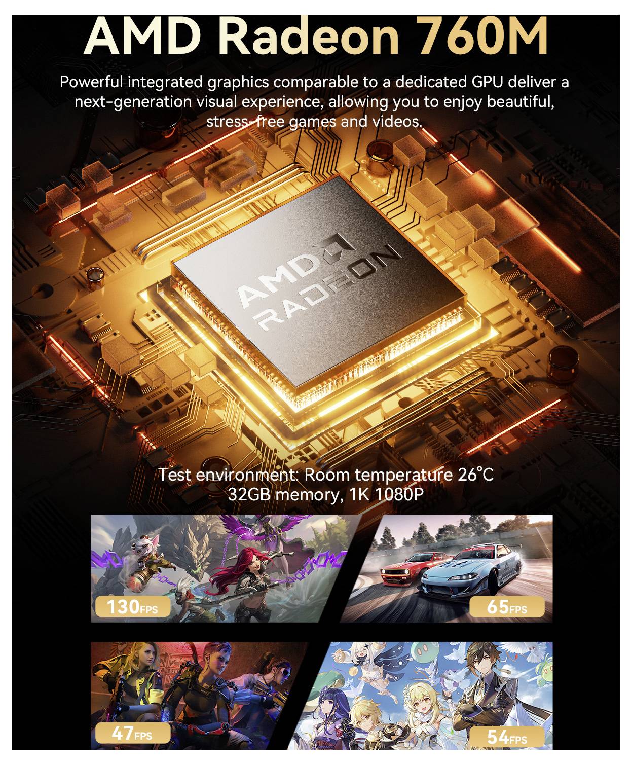 Graphique promotionnel pour la AMD Radeon 760M, montrant une puce brillante sur une carte mère et du texte vantant les capacités graphiques intégrées ; comprend des exemples de FPS de tests de jeux.