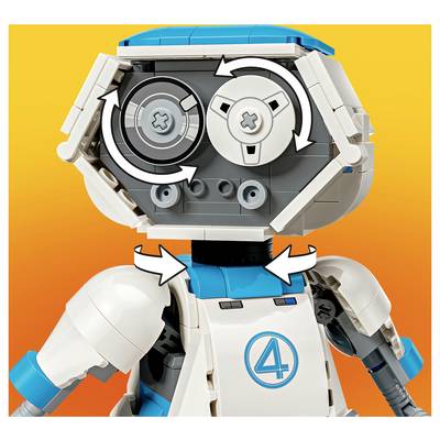 Tête et haut du torse d'un robot de style LEGO avec des flèches montrant que la tête et le cou peuvent tourner; figure bleu et blanc sur fond orange.