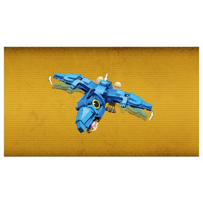 Modèle de jouet mécanique en forme d'oiseau bleu montré en position de vol avec les ailes écartées sur un fond orange, avec des flèches indiquant les pièces mobiles.