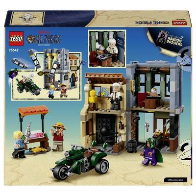 Boîte d'art LEGO One Piece montrant une scène de construction détaillée sur le thème des pirates avec des figurines miniatures, des véhicules, et un badge « Inclut 2 dossiers aléatoires ».