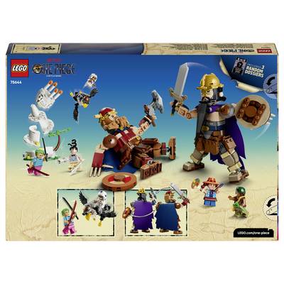 Art de boîte du set LEGO One Piece montrant une scène de bataille dans le désert avec des minifigures et un grand guerrier en armure avec une épée, étiqueté 'RANDOM DOSES'