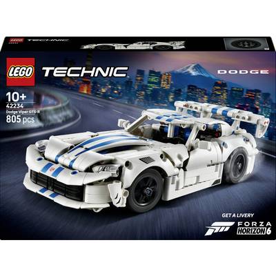Art de boîte du set LEGO Technic Dodge Viper GTS-R montrant une voiture de course blanche et bleue, étiquetée « 10+ », « 42234 » et « 805 PCS ».