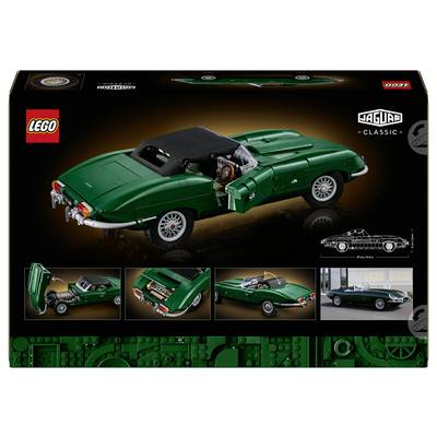 Boîte de l'ensemble LEGO Icons Jaguar Classic montrant un modèle de roadster Jaguar E-Type vert avec plusieurs vues de construction et le logo « Jaguar Classic ».