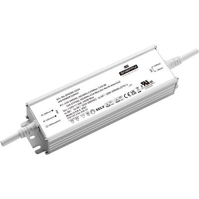 Bloc d'alimentation LED rectangulaire blanc avec câbles attachés et support de montage, présenté sur un fond blanc.