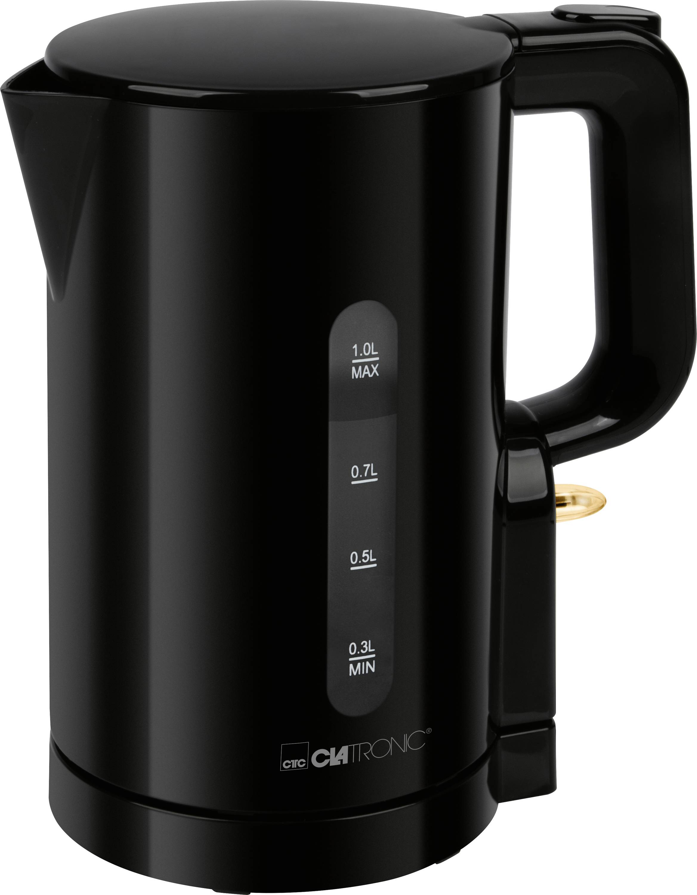 Bouilloire électrique noire avec poignée, fenêtre de niveau d'eau marquée de 0,3L à 1,0L, et socle d'alimentation.