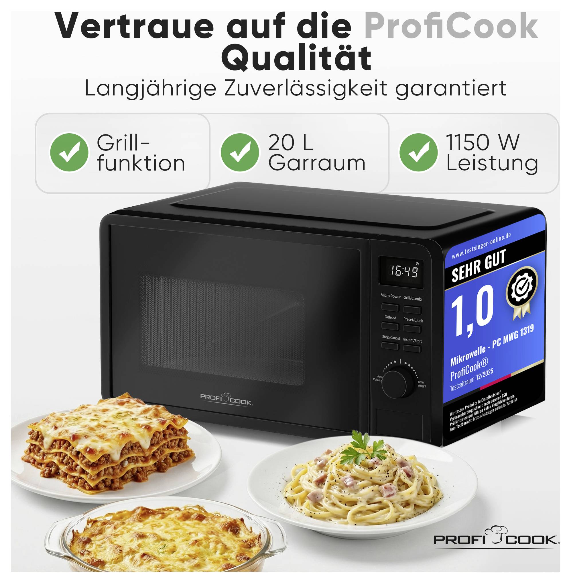 Image publicitaire d'un four à micro-ondes ProfiCook avec fonction grill, espace de cuisson de 20 l et puissance de 1150 W ; à côté, des plats en tant qu'exemples d'utilisation et évaluation « TRÈS BON » 1,0.