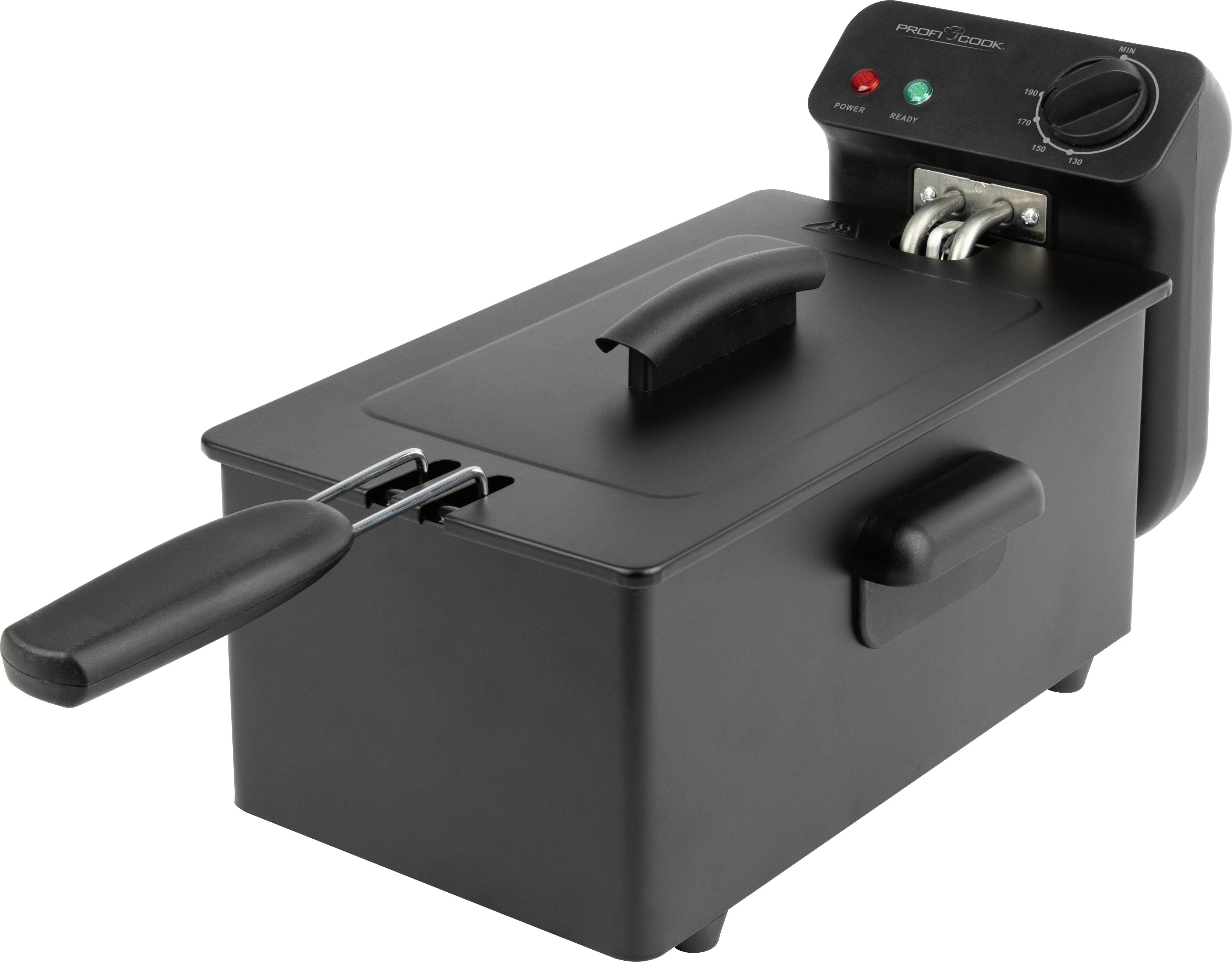 Friteuse électrique noire profonde avec poignée de panier, couvercle, cadran de contrôle et voyants indicateurs sur fond blanc.