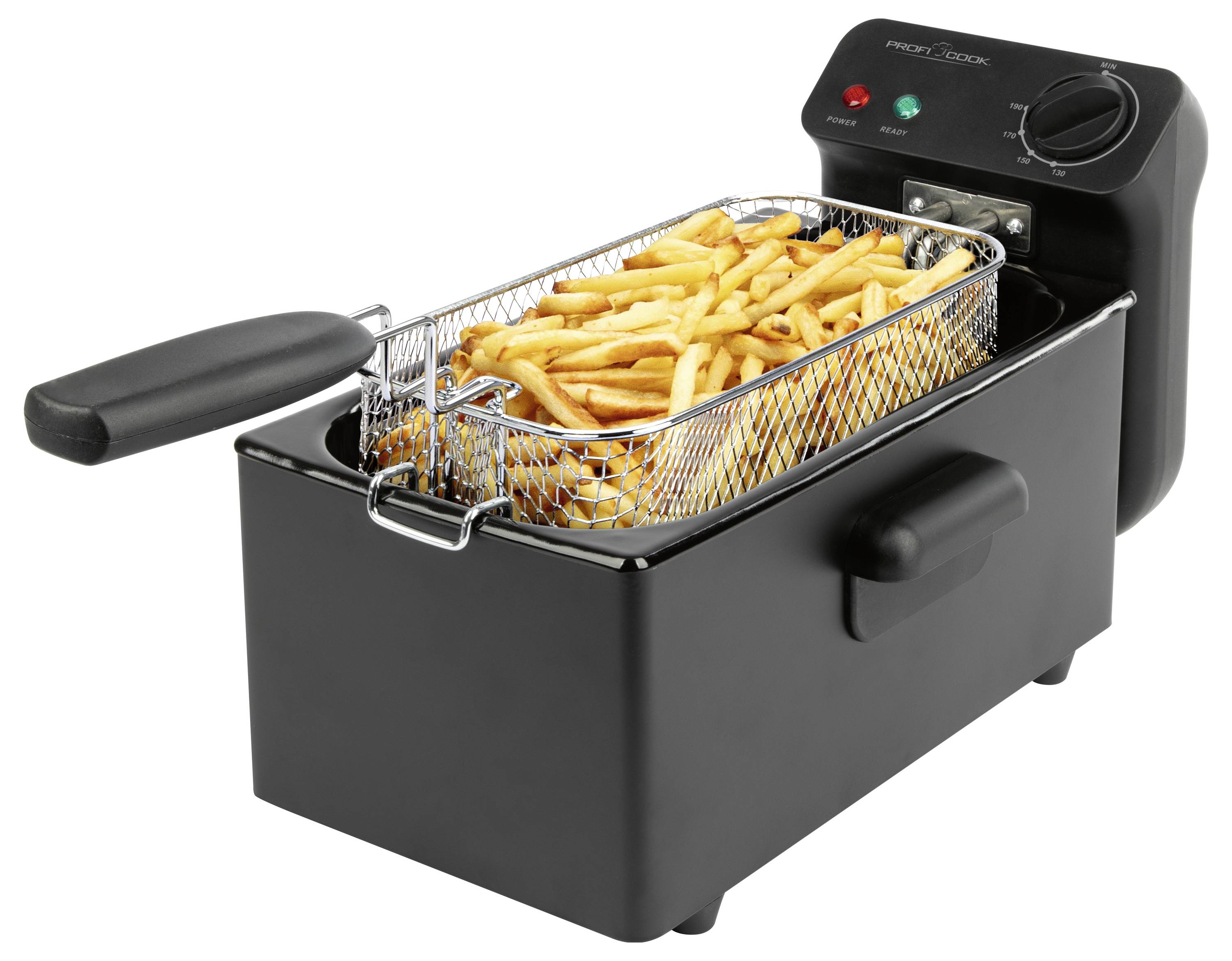 Friteuse noire avec plan de travail, panier métallique rempli de frites, présentée sur un fond blanc.
