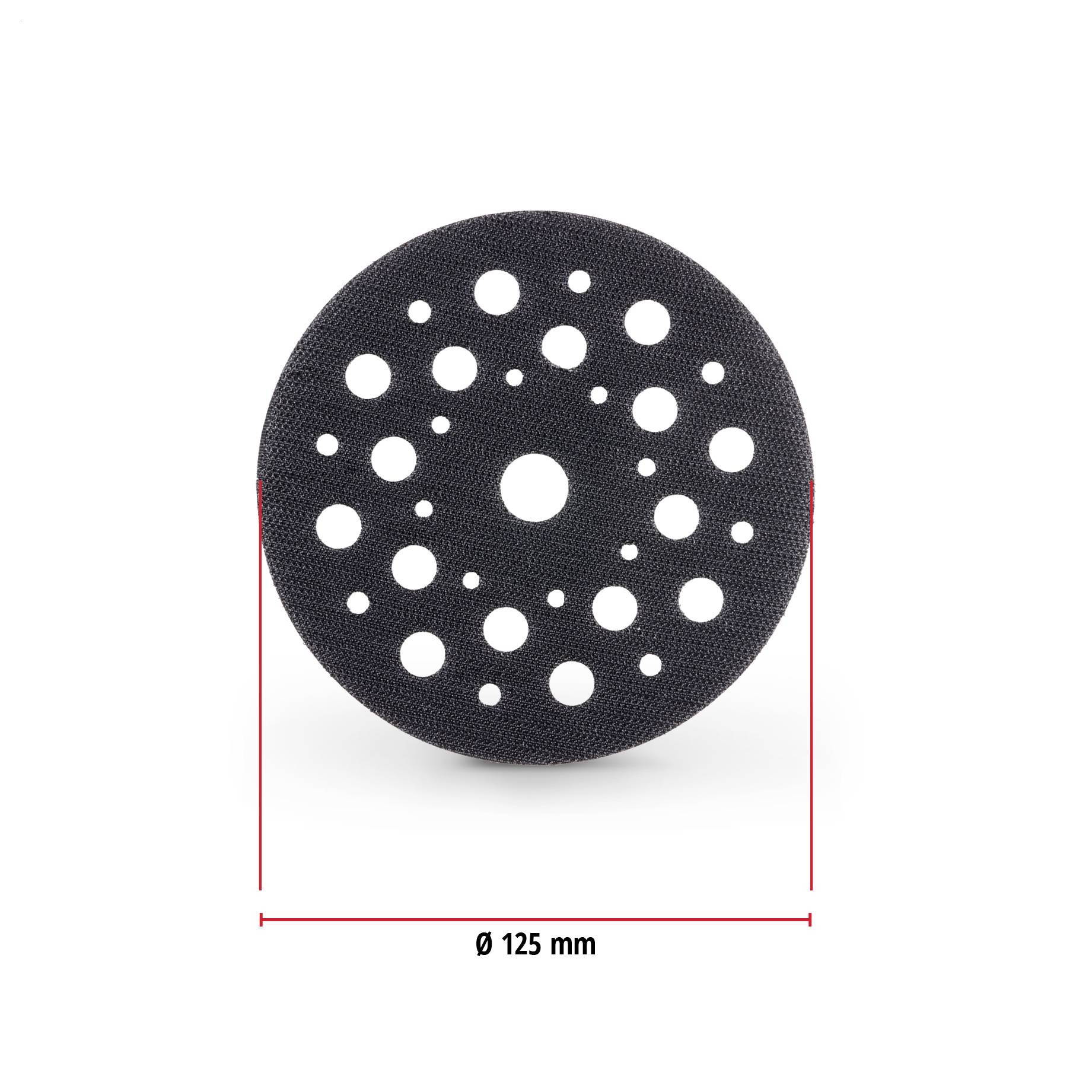 Coussin perforé circulaire noir avec de nombreux trous, présenté de face avec une étiquette de 125 mm de diamètre.