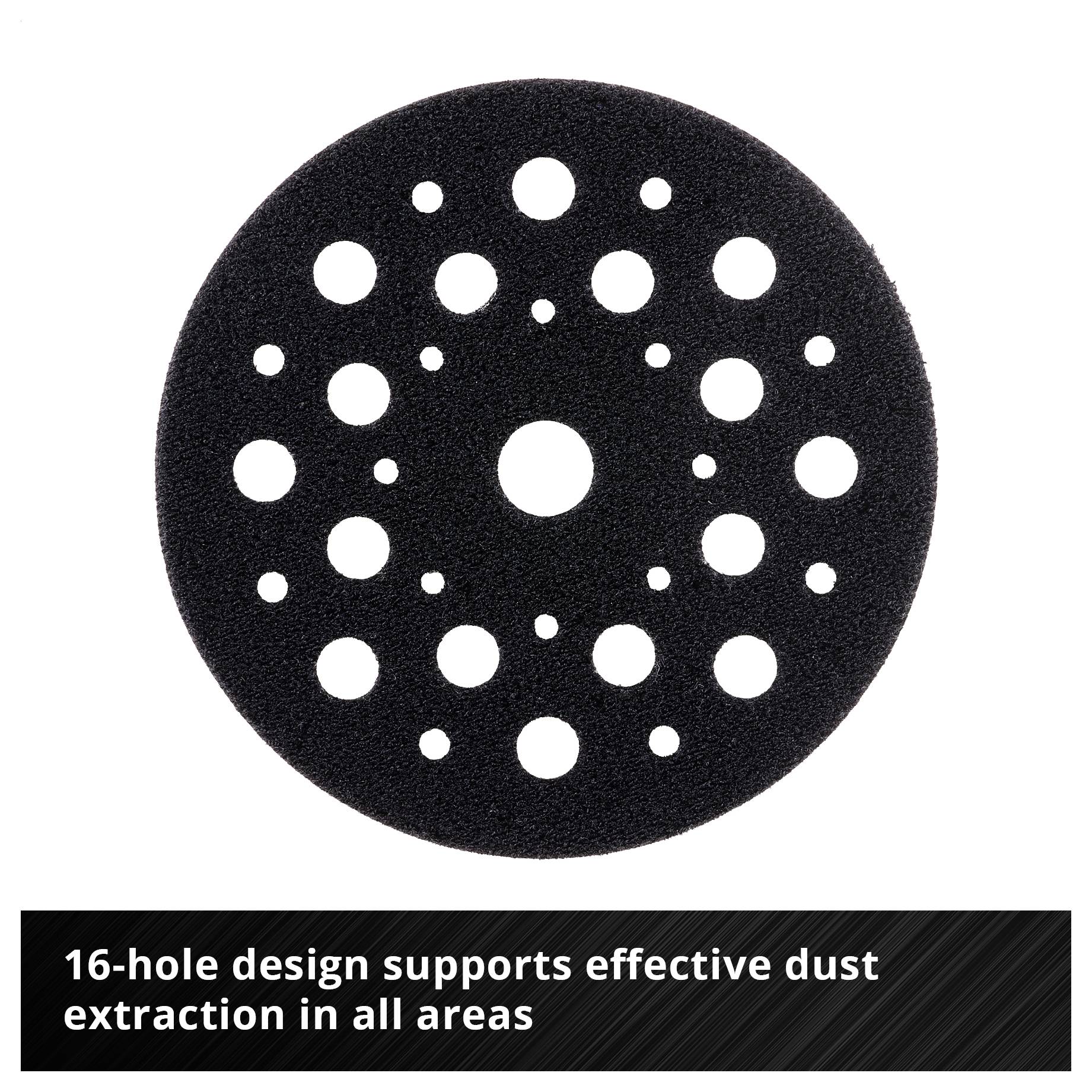Graphique schématique d'un disque abrasif avec avantages étiquetés : support papier avec liaison en résine synthétique, système à velcro, revêtement d'oxyde d'aluminium et perçage multi-trou découpé au laser.