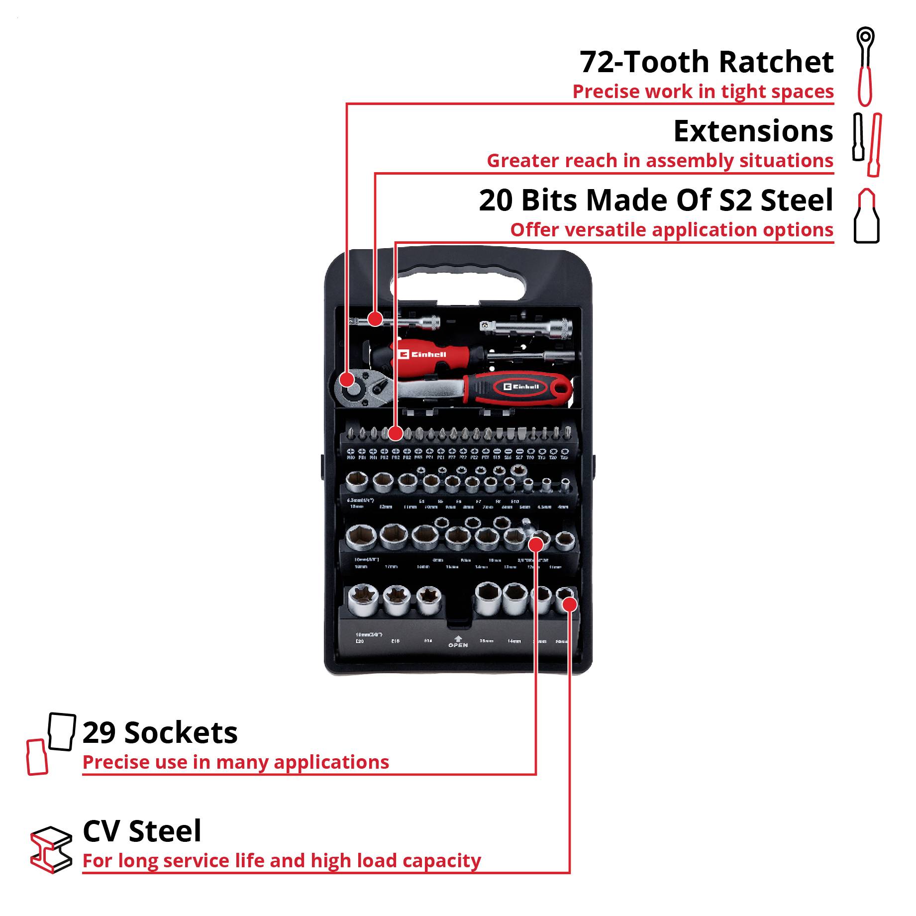 Coffret d'outils avec cliquet inversible à 72 dents, rallonges, 20 embouts en acier S2, 29 douilles en acier CV pour un travail de précision.