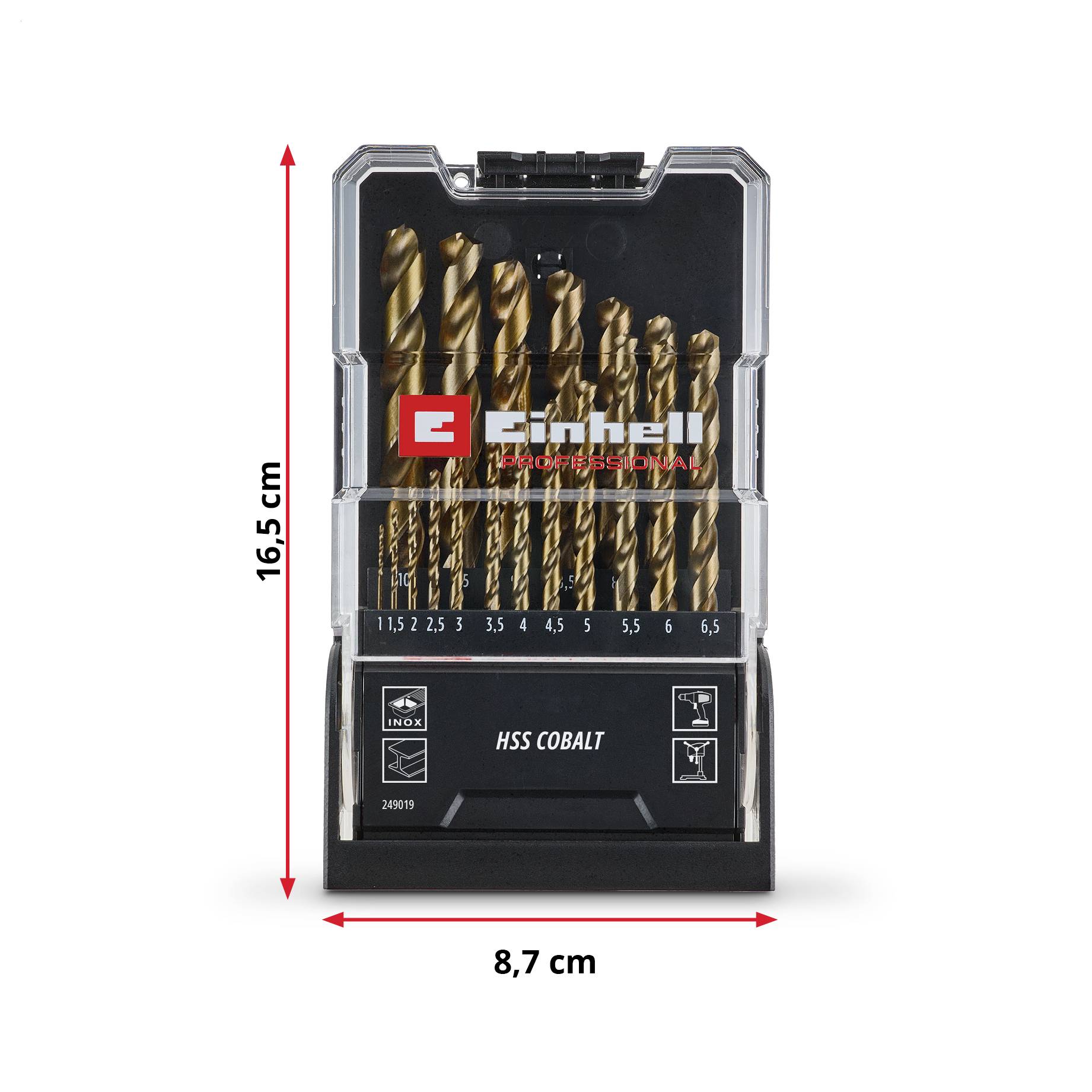 Einhell 249019 HSS-Co Jeu de forets pour le métal 1 mm, 1.5 mm, 2 mm, 2.5 mm, 3 mm, 3.5 mm, 4 mm, 4.5 mm 1 set-12