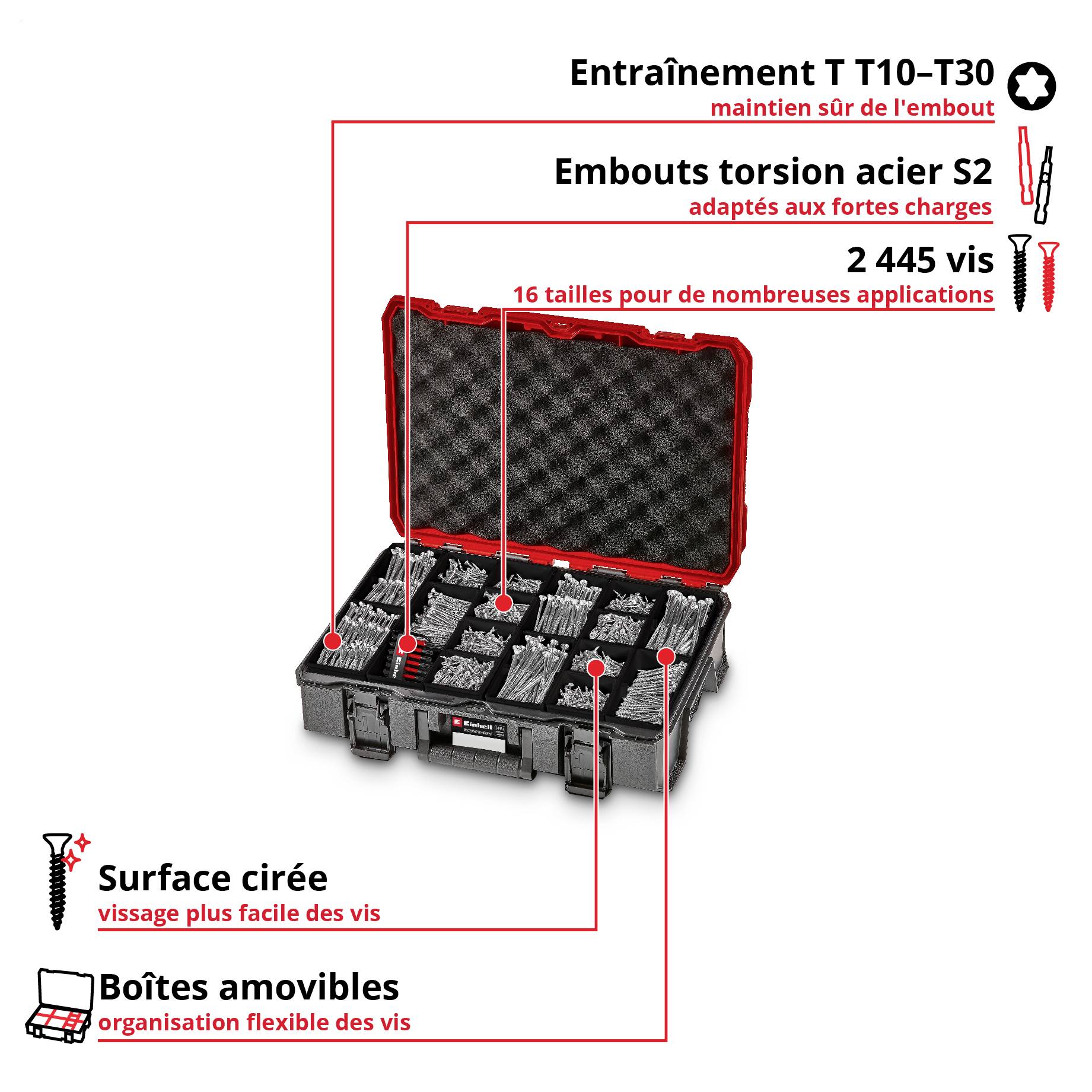 Coffret ouvert de vis avec 2445 vis et 16 tailles ; Entraînement en T T10–T30, embouts de torsion en acier S2, surface cirée et boîtes amovibles.