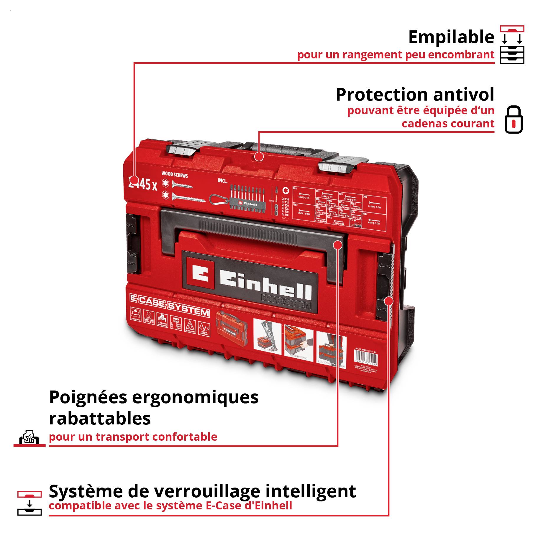 Mallette de transport Einhell rouge avec indications concernant le stockage empilable, la protection contre le vol, les poignées repliables et un système de verrouillage intelligent.