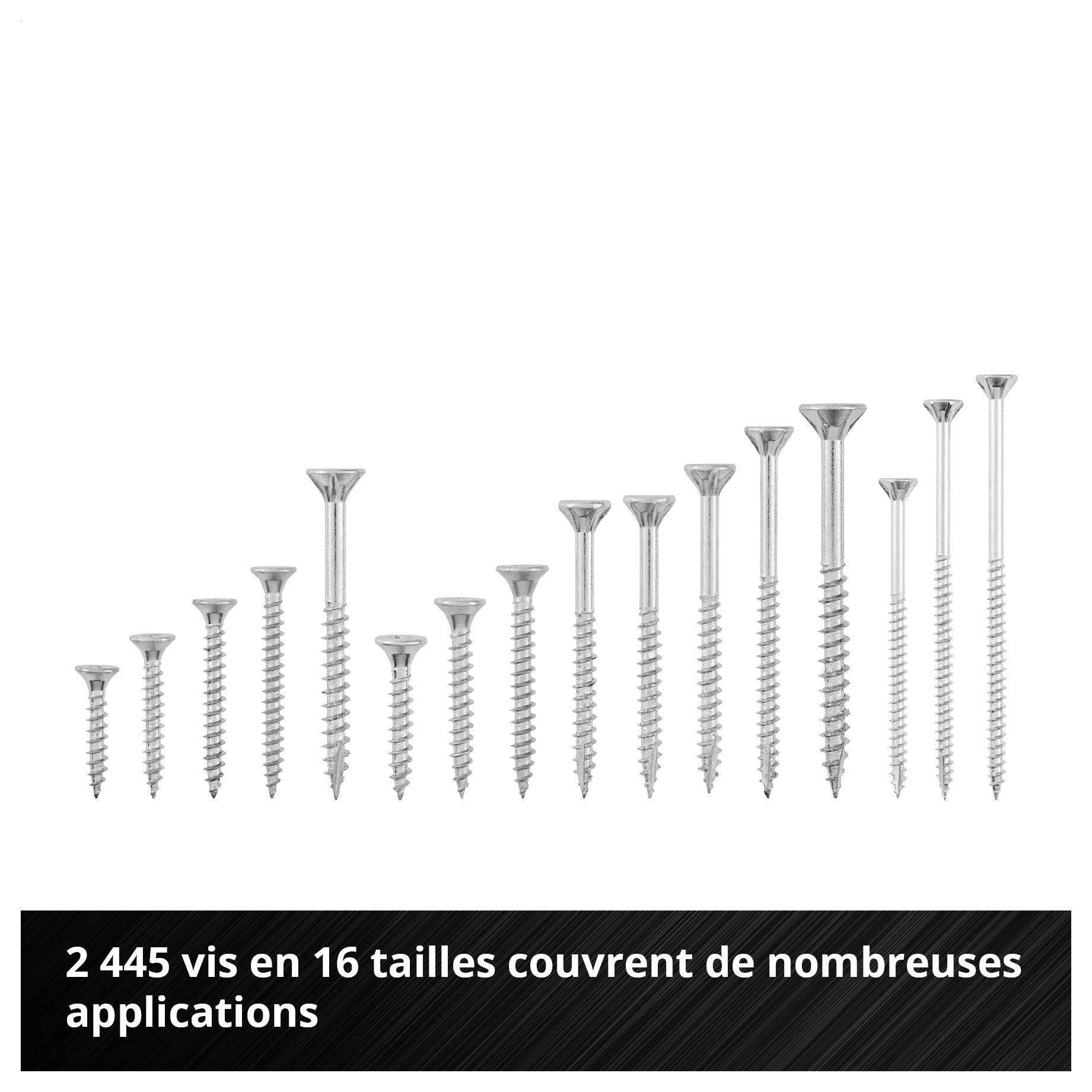 Graphique publicitaire avec différentes longueurs de vis ; Texte : « 2445 vis en 16 tailles couvrent de nombreuses applications au quotidien »