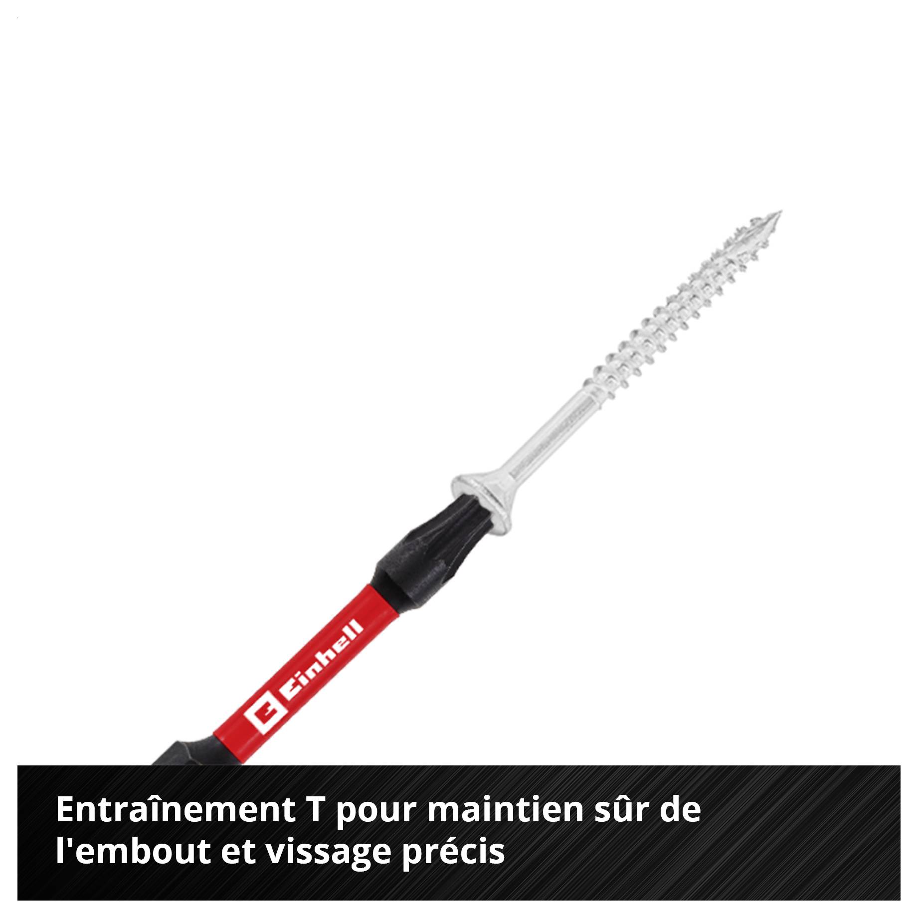 Tournevis sans fil Einhell avec embout de vissage long ; Remarque : l'entraînement en T permet un positionnement sûr du foret et un vissage précis.
