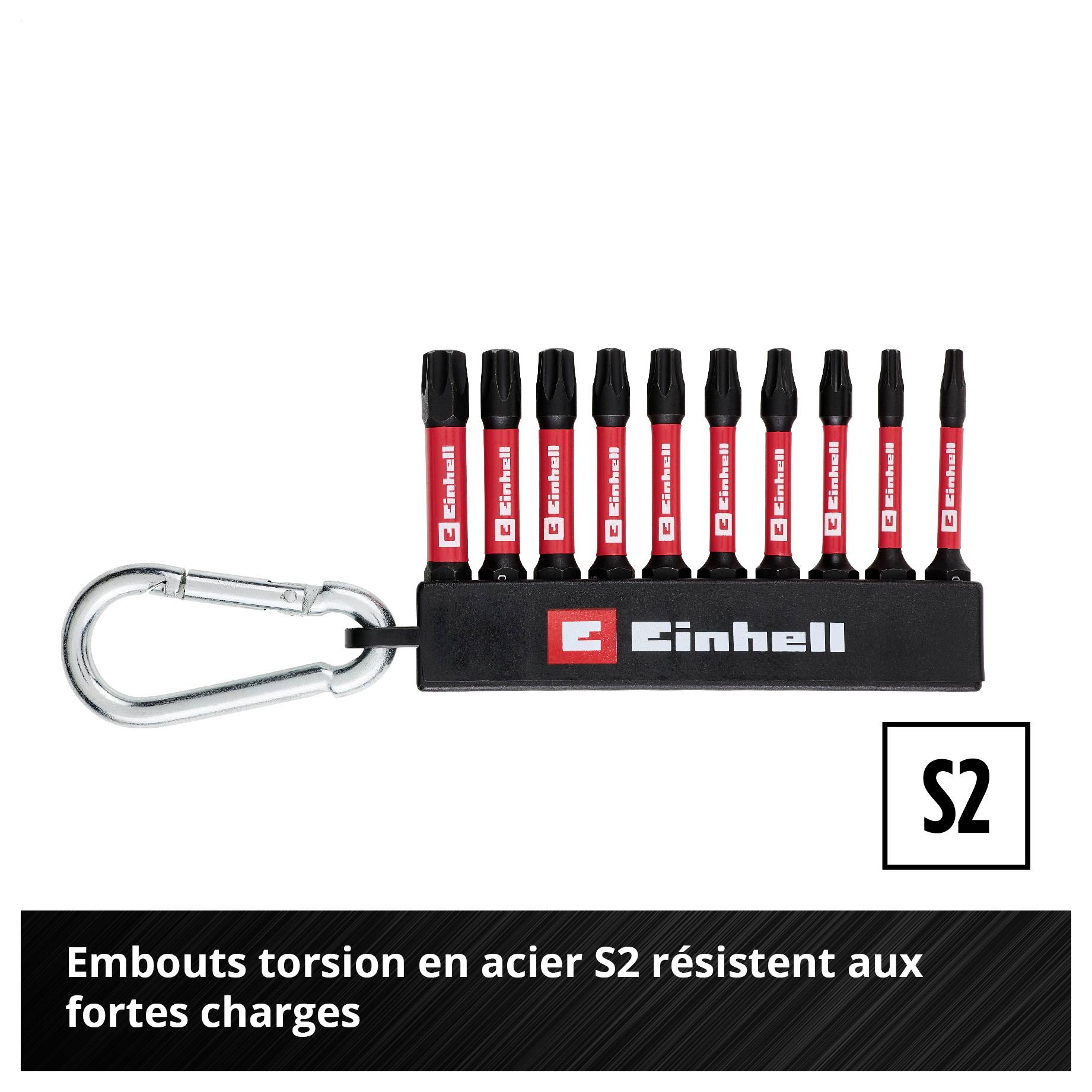 Assortiment d'embouts Einhell avec mousqueton et embouts de torsion en acier S2 ; Texte : « Les embouts de torsion en acier S2 résistent à des charges élevées » et « S2 ».