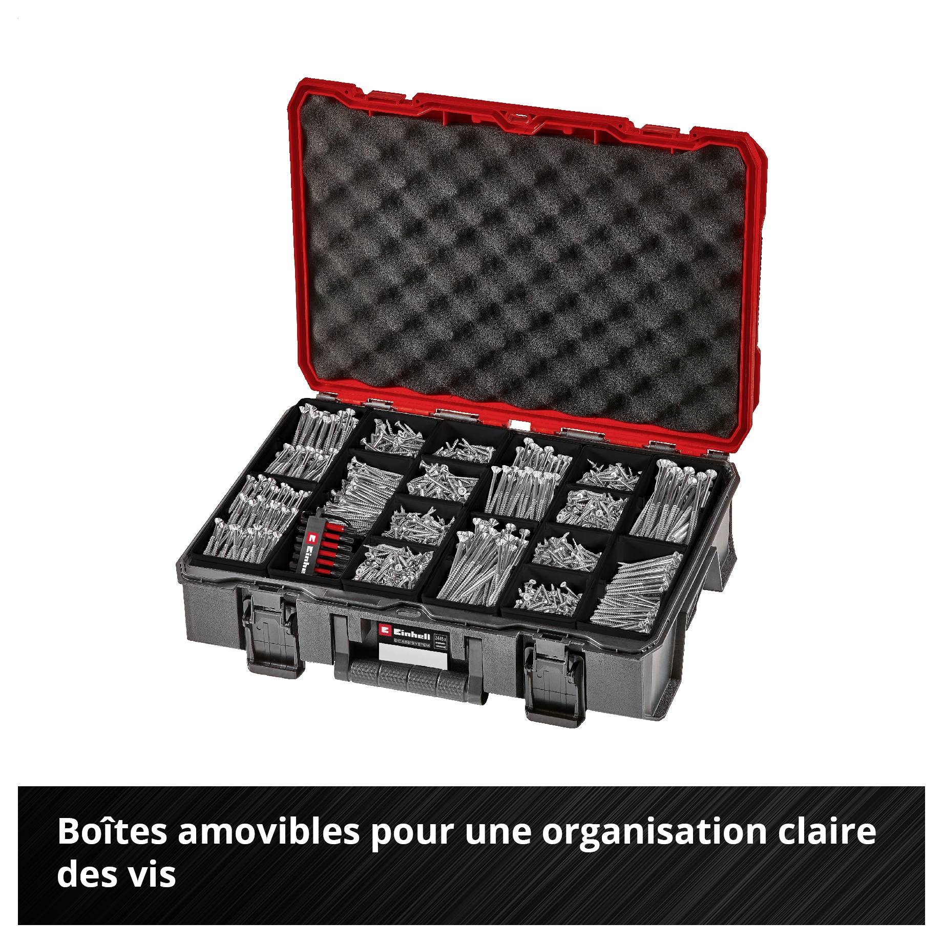 Boîte à outils ouverte contenant de nombreuses vis triées dans des compartiments amovibles ; Texte : « Les boîtes amovibles assurent une organisation claire des vis »