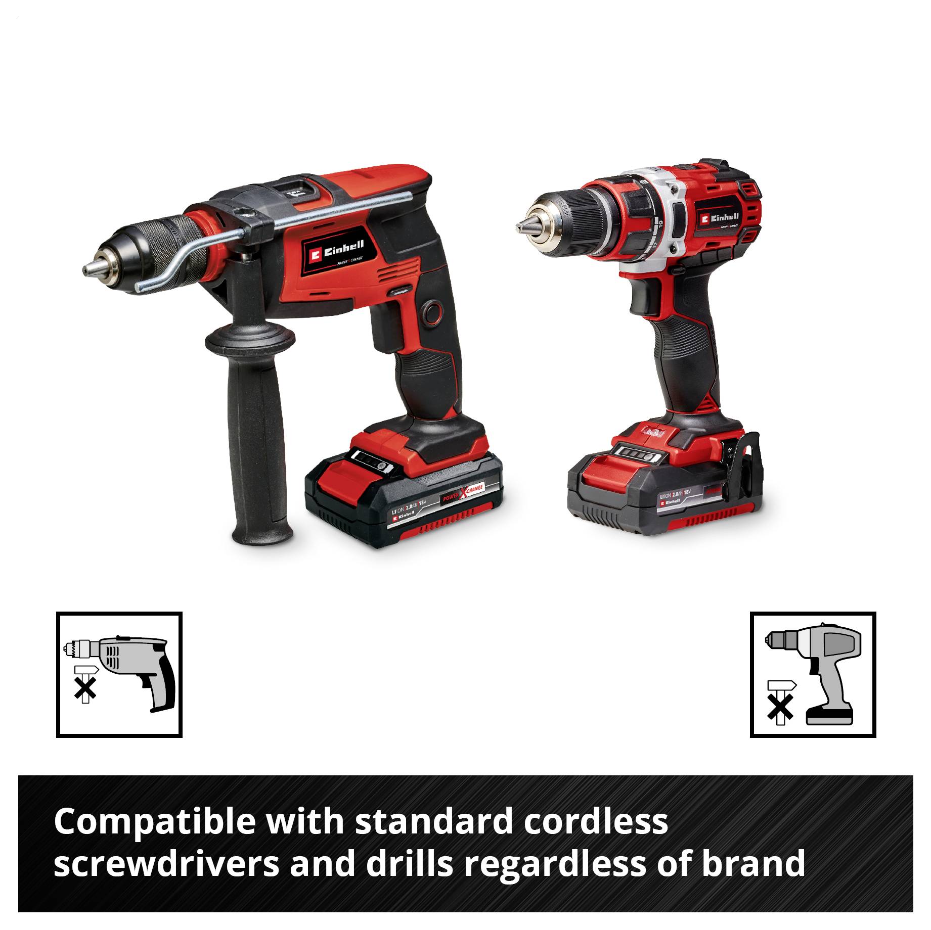 Support indépendant de marque pour perceuses-visseuses sans fil et perceuses courantes du commerce ; montre deux appareils compatibles et un support d'accueil approprié.