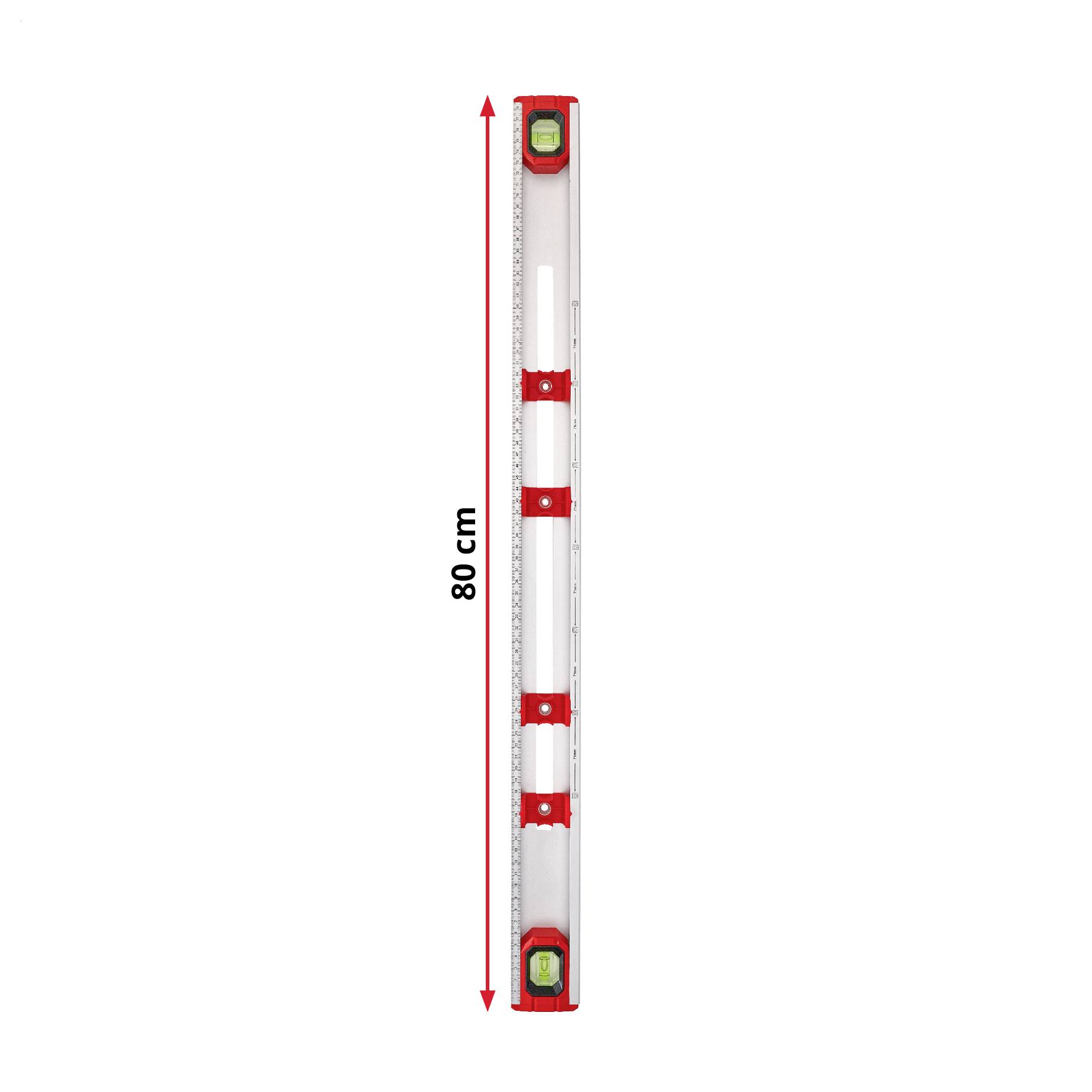 Niveau à bulle de 80 cm avec extrémités rouges et plusieurs fioles de bulle, présenté verticalement avec une flèche de hauteur marquant sa longueur.
