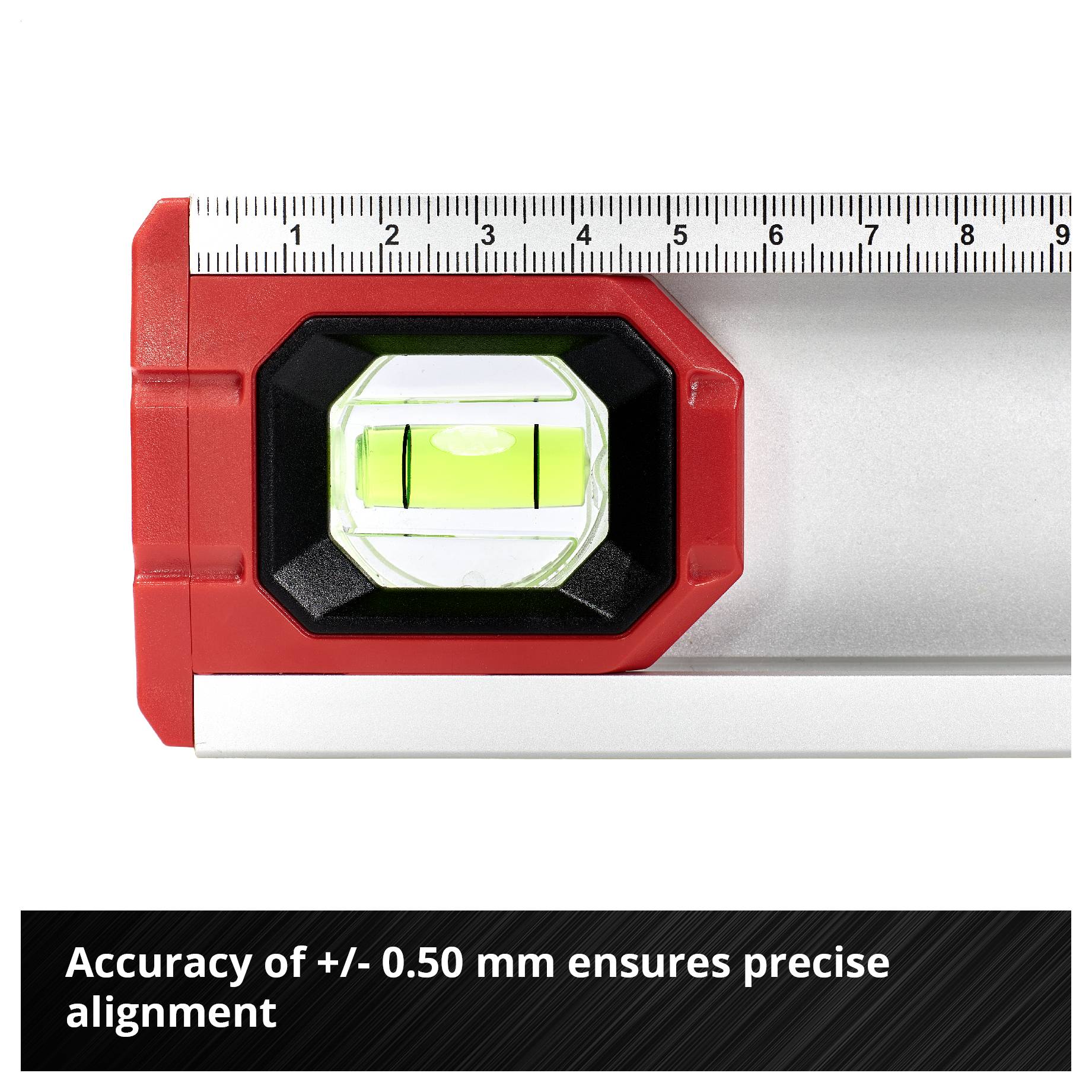 Fiole d'une niveau à bulle avec échelle de mesure ; Texte : « Une précision de mesure de +/- 0,50 mm permet un alignement exact ».