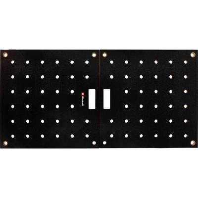 Gros plan d'un tapis de souris de jeu LED noir avec une grille de lumière pointillée et une zone de contrôle centrée affichant un petit indicateur rouge et deux barres verticales blanches.