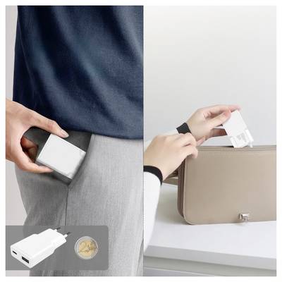 Image divisée montrant une main cachant un appareil de la taille d'un chargeur blanc dans une poche de pantalon et insérant un appareil similaire dans une poche de sac beige.
