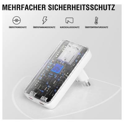 Graphique d'un adaptateur de prise transparent étiqueté « MEHRFACHER SICHERHEITSSCHUTZ » montrant la protection contre les surcharges, les surtensions, les courts-circuits et la surchauffe.