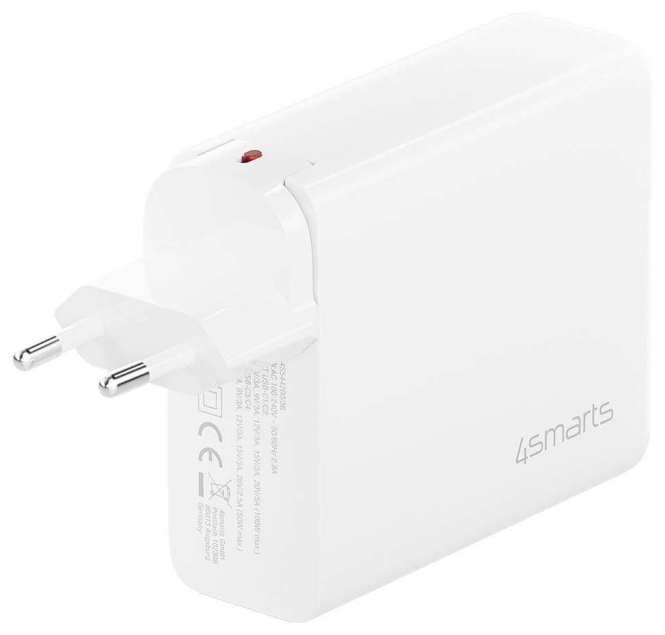 Adaptateur secteur USB blanc 4smarts avec prise européenne à deux broches et voyant lumineux rouge sur fond uni.