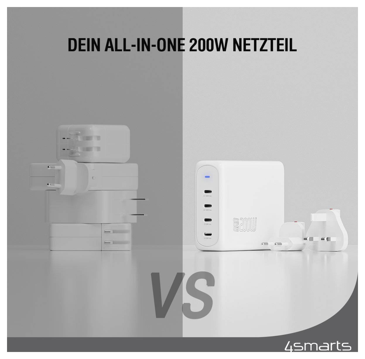 Graphique de comparaison pour « VOTRE ALIMENTATION 200W TOUT-EN-UN » montrant un chargeur gris volumineux à gauche par rapport à un chargeur blanc compact et ses accessoires à droite, avec « VS » entre les deux.