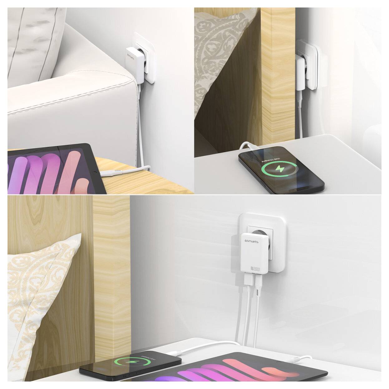 Collage montrant un chargeur de prise murale avec USB-C et des tapis de recharge sans fil alimentant un téléphone et une tablette à côté d'un lit et d'un bureau.