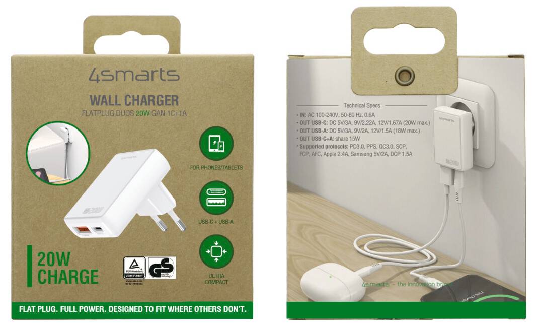 Emballage de produit pour un chargeur mural 4smarts 20W avec ports USB-C et USB-A, montré avec le chargeur branché dans une prise murale chargeant un téléphone et des écouteurs.