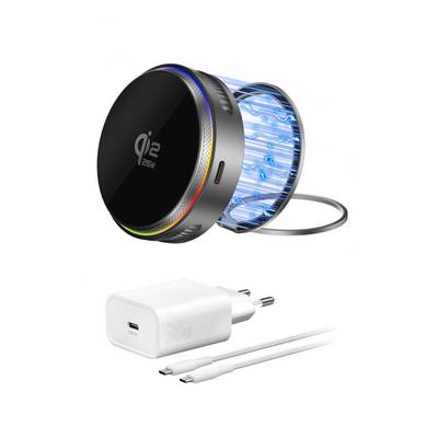 Disque de chargeur magnétique Qi2 sans fil avec bobine bleue brillante, plus adaptateur mural USB-C 30W blanc et câble USB-C sur fond blanc.