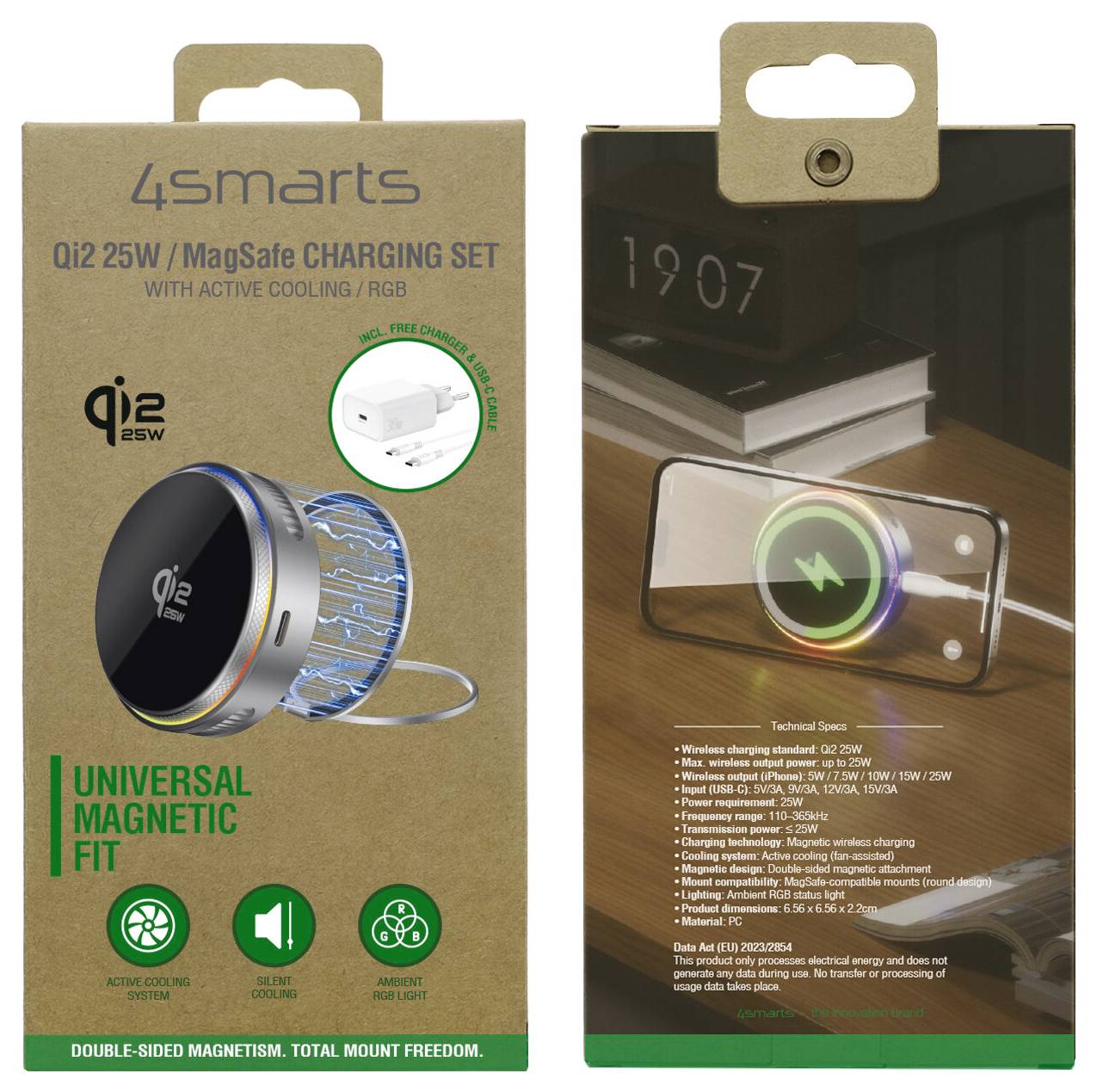 Emballage pour ensemble de charge Qi2 25W/MagSafe 4smarts avec refroidissement actif/RGB, montrant un chargeur magnétique et un téléphone en charge sur un bureau.