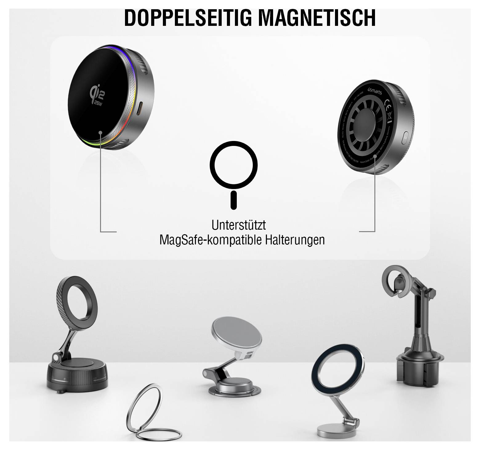 Graphique produit montrant un dispositif « magnétique recto-verso » qui prend en charge les supports compatibles MagSafe, avec des exemples de plusieurs supports et détenteurs compatibles.